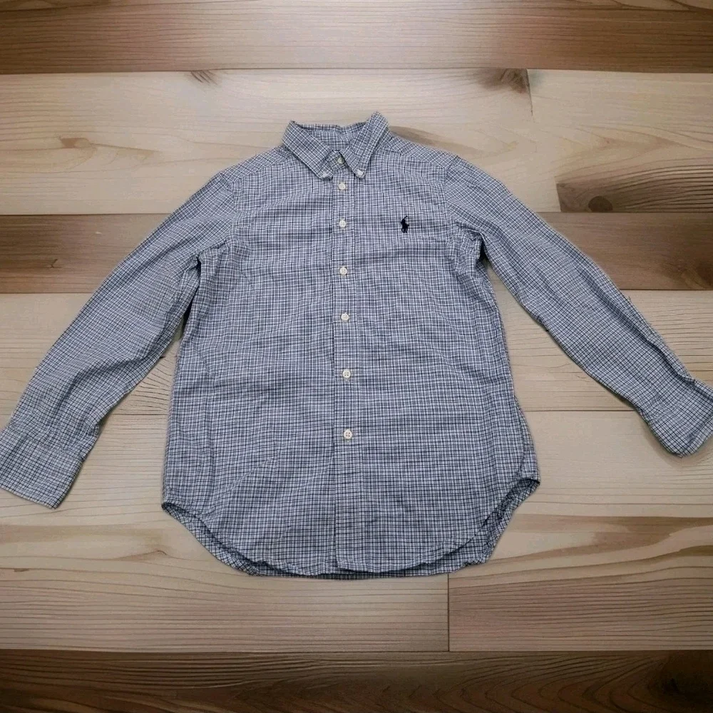 Polo Ralph Lauren Boys Long Sleeve Shirt M 10/12 Button Down Blue Plaid Stretch